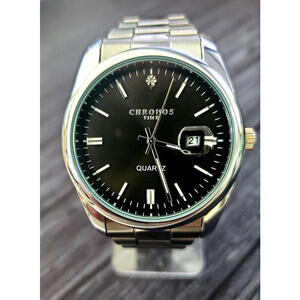 Vintage Chronos Men's Date Watch Black Enamel Diamond Dial